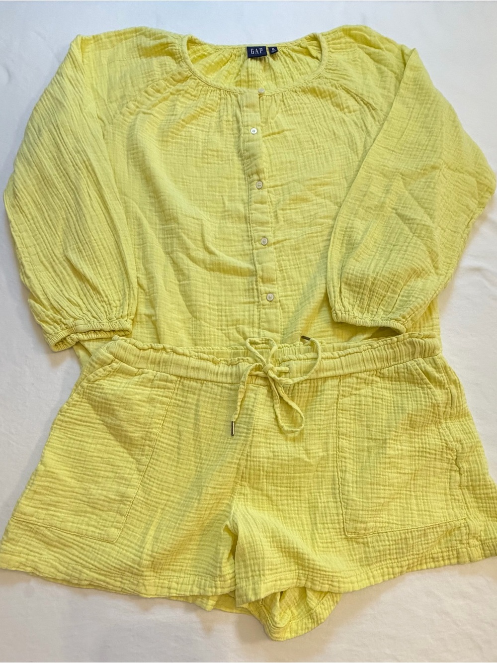 GAP Bright Yellow Muslin Cotton Gauze Long Sleeve Shirt and Shorts Set Size XL